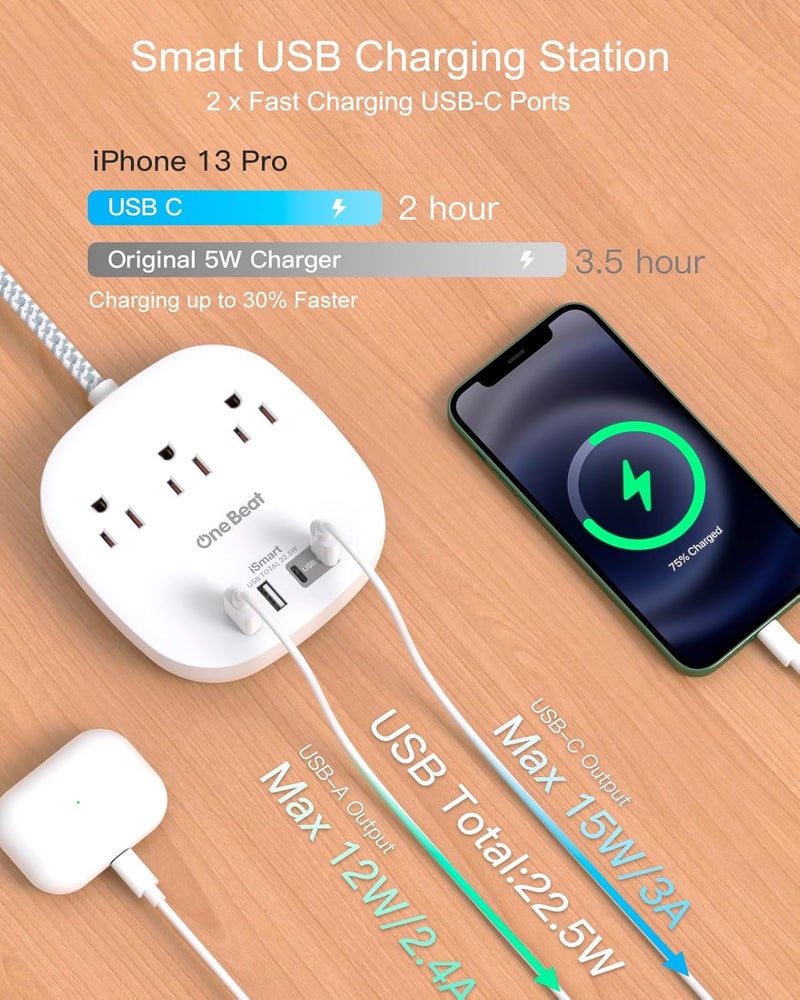 One Beat Flat Plug Power Strip, 6ft Ultra Flat Extension Cord - 3 Outlets 4 USB Ports (2 USB C) 22.5W/4.5A Desktop Charging Station, Power Strip No Surge Protection for Cruise Ship, Dorm Room Travel Essentials - Image 2